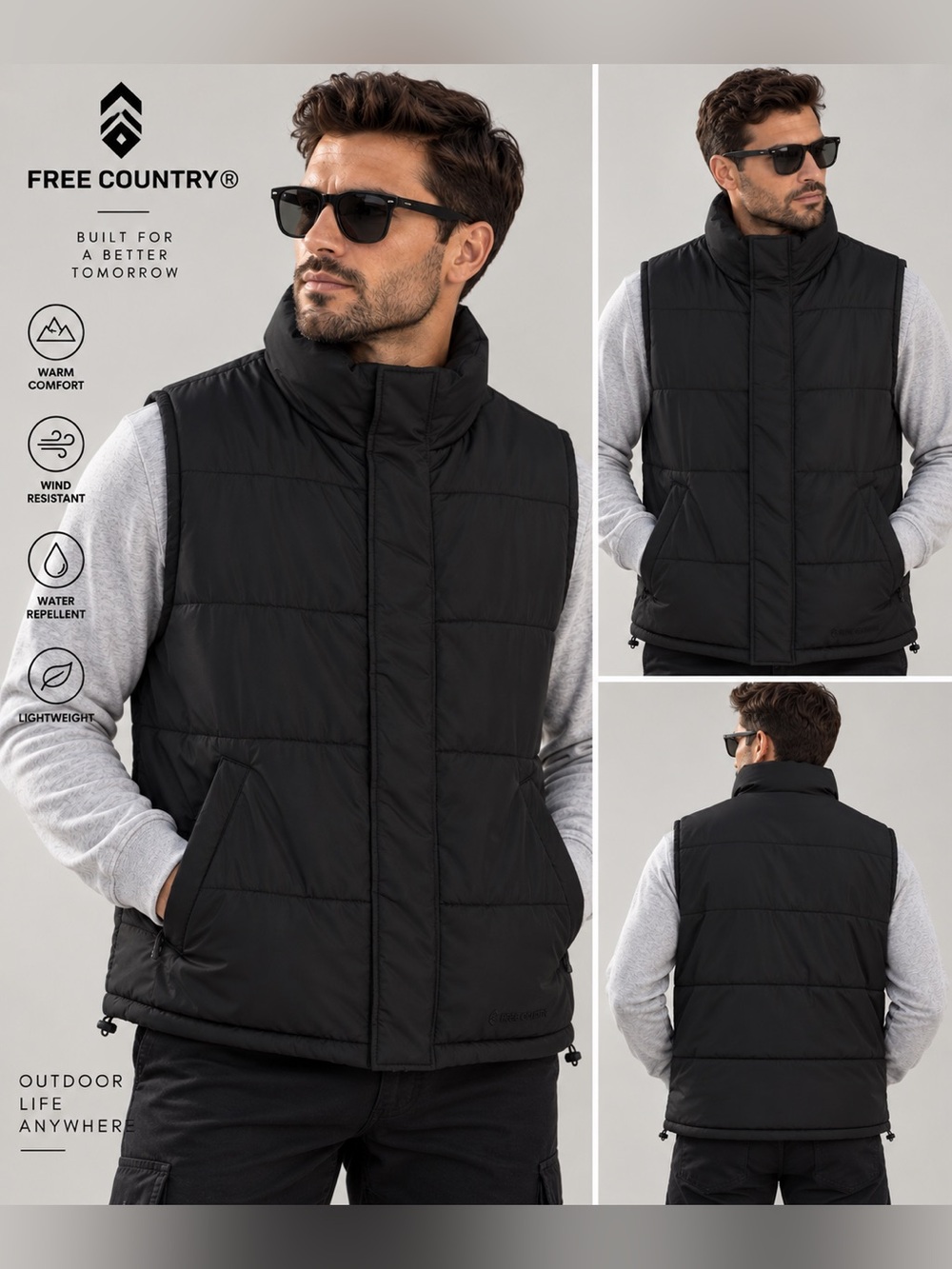 Free Country Men’s Black Quilted Puffer Vest with High Collar Sz M like new
